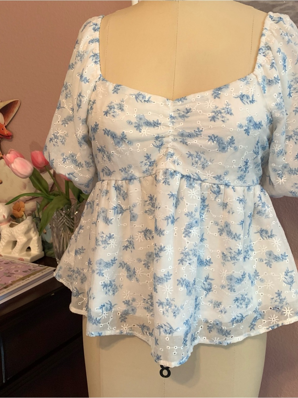 ALTAR'D STATE Light Blue Floral Eyelet Peplum Blouse